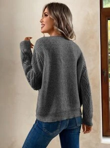 SHEIN LUNE Guipure Lace Panel Pointelle Knit Drop Shoulder Jumper - Grey - View 2