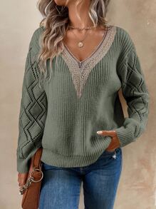 SHEIN LUNE Guipure Lace Panel Pointelle Knit Drop Shoulder Jumper - Mint Green - View 3