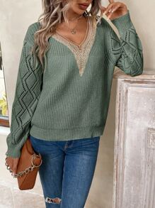 SHEIN LUNE Guipure Lace Panel Pointelle Knit Drop Shoulder Jumper - Mint Green - View 5
