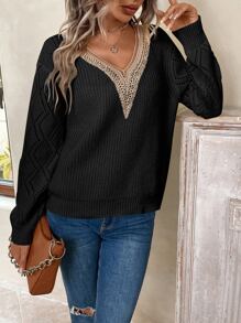 SHEIN LUNE Guipure Lace Panel Pointelle Knit Drop Shoulder Jumper - Black - View 5