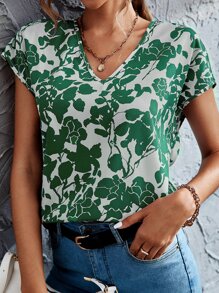SHEIN LUNE All Over Floral Print V Neck Blouse - Green - View 4