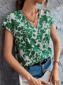 SHEIN LUNE All Over Floral Print V Neck Blouse - Green - View 5