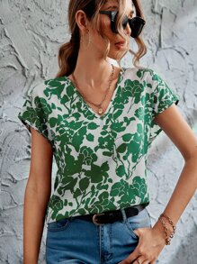 SHEIN LUNE All Over Floral Print V Neck Blouse - Green - View 6
