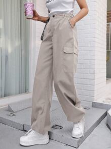 DAZY Flap Pocket Drawstring Hem Cargo Trousers - Apricot - View 1