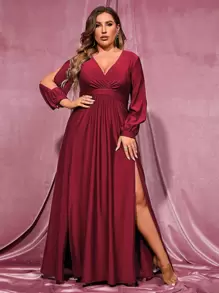 Faeriesty Elegante vestido de noche formal con escote en V profundo y abertura hasta el muslo para tallas grandes - Perfecto para eventos de alfombra roja, cenas de gala, noches de lujo en resort, bodas de destino y sesiones de fotos grandiosas. - Burdeos - Ver 1