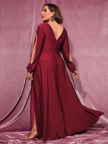 Faeriesty Elegante vestido de noche formal con escote en V profundo y abertura hasta el muslo para tallas grandes - Perfecto para eventos de alfombra roja, cenas de gala, noches de lujo en resort, bodas de destino y sesiones de fotos grandiosas. - Burdeos - Ver 2