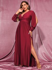 Faeriesty Elegante vestido de noche formal con escote en V profundo y abertura hasta el muslo para tallas grandes - Perfecto para eventos de alfombra roja, cenas de gala, noches de lujo en resort, bodas de destino y sesiones de fotos grandiosas. - Burdeos - Ver 4