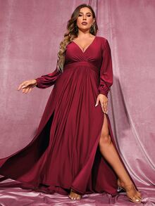 Faeriesty Elegante vestido de noche formal con escote en V profundo y abertura hasta el muslo para tallas grandes - Perfecto para eventos de alfombra roja, cenas de gala, noches de lujo en resort, bodas de destino y sesiones de fotos grandiosas. - Burdeos - Ver 7