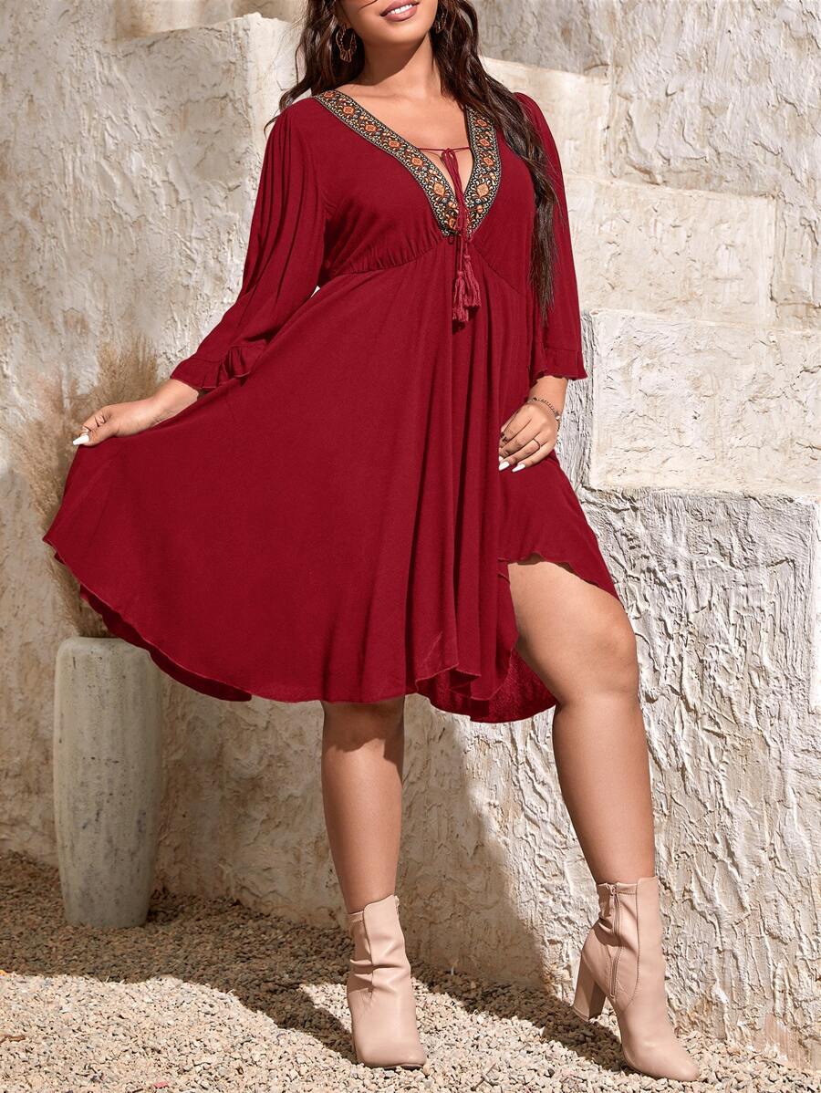SHEIN VCAY Plus Flounce Sleeve Embroidery Tape Trim Tassel Knot Front Dress - Burgundy - View 1