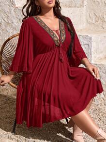 SHEIN VCAY Plus Flounce Sleeve Embroidery Tape Trim Tassel Knot Front Dress - Burgundy - View 4