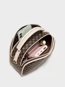 Geometric Pattern Metal Decor Satchel Bag Geo Print Square Handbag, Vintage Pu Zipper Purse, Women's Small Crossbody Bag Polka Dot Print Handbag, Fashion Small Crossbody Bag, Women's Double Zipper Purse