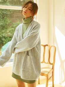 Knit Mix Drop Shoulder Pocket Patched Cardigan - Light Grey - View 5