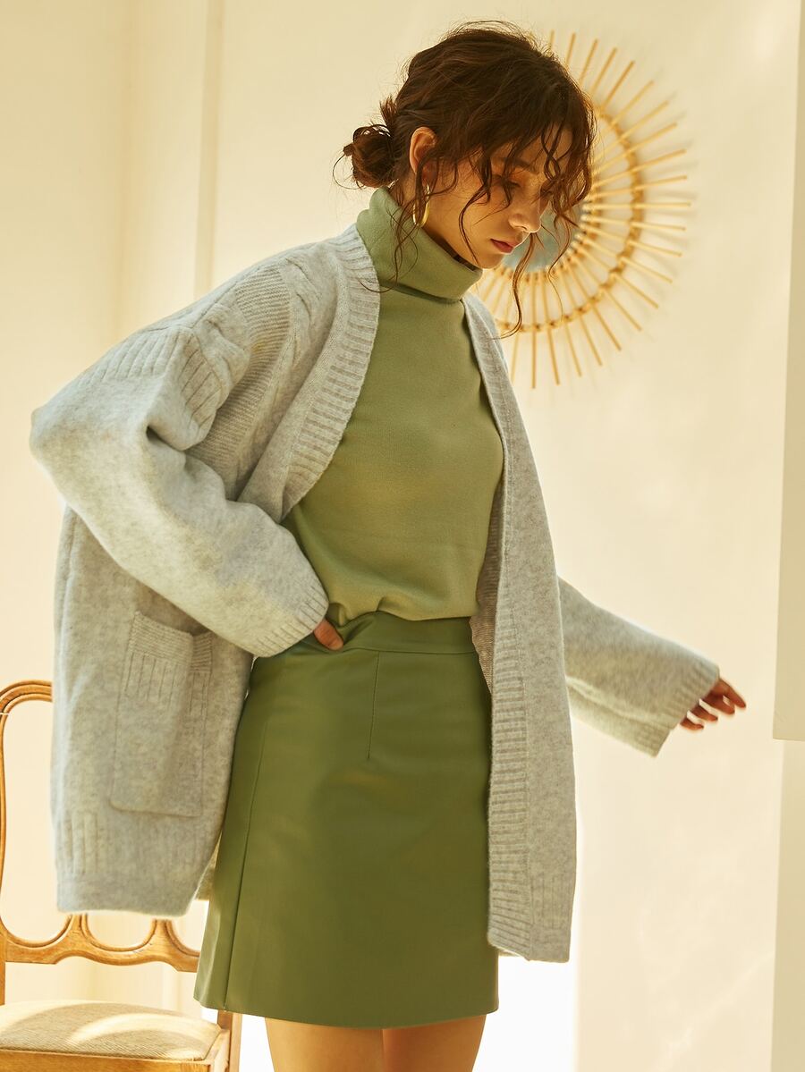 Knit Mix Drop Shoulder Pocket Patched Cardigan - Light Grey - View 1