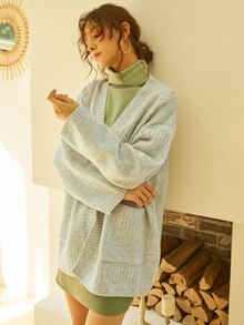 Knit Mix Drop Shoulder Pocket Patched Cardigan - Light Grey - View 4