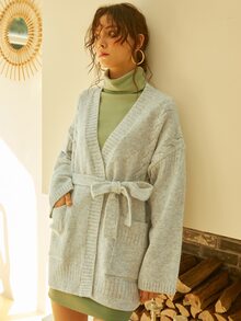 Knit Mix Drop Shoulder Pocket Patched Cardigan - Light Grey - View 6