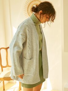 Knit Mix Drop Shoulder Pocket Patched Cardigan - Light Grey - View 3