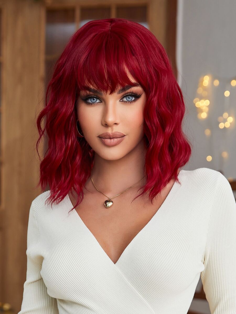 Synthetic Heat Resistant Wigs Bob Curly Wave With BangFull Machine Made