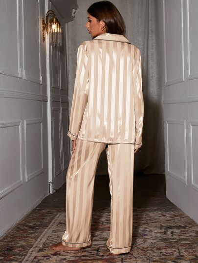 Moireta Contrast Piping Satijnen Pajama Set, Fall Clothes Cozy Elegante view 2