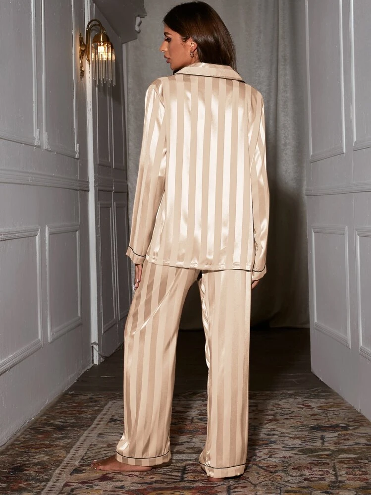 Moireta Contrast Piping Satin Pajama Set, Fall Winter Clothes Cozy And Elegant Details - Apricot - View 2