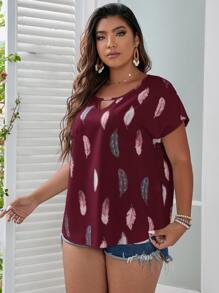 SHEIN LUNE 夏季加大羽毛印花锁孔领蝙蝠袖衬衫 - 紫紅色 - 查看 3