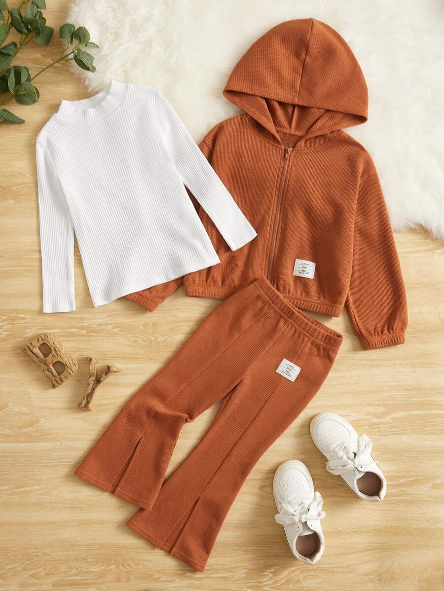 SHEIN Toddler Girls Patched Detail Hooded Jacket & Top & Split Hem Pants - Multicolor - View 1