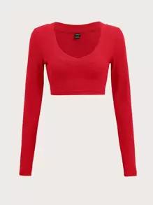 SHEIN EZwear 素色V領螺紋針織短款T恤 - 紅色 - 查看 2