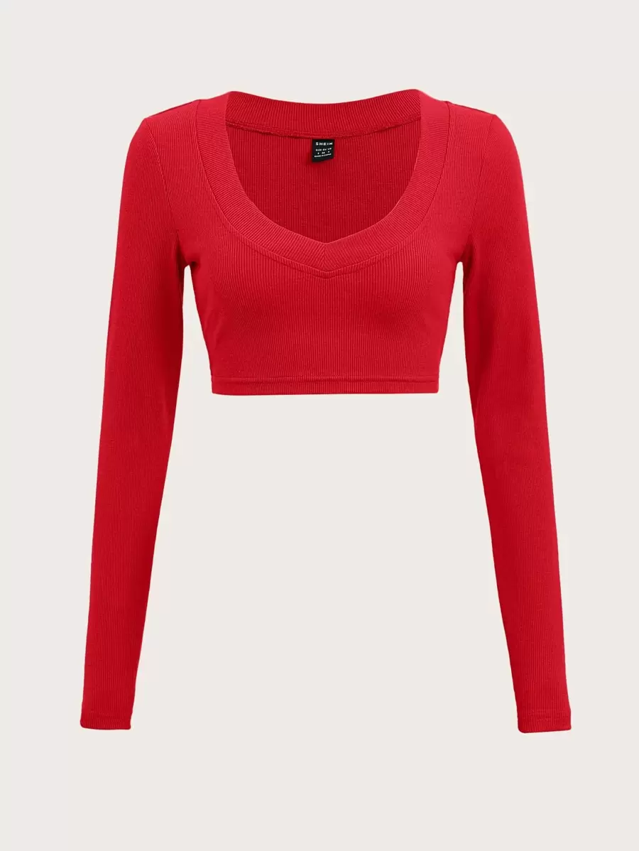 SHEIN EZwear 素色V領螺紋針織短款T恤