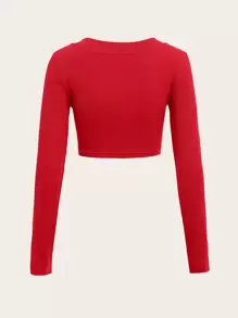 SHEIN EZwear 素色V領螺紋針織短款T恤 - 紅色 - 查看 3