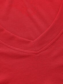 SHEIN EZwear 素色V領螺紋針織短款T恤 - 紅色 - 查看 4