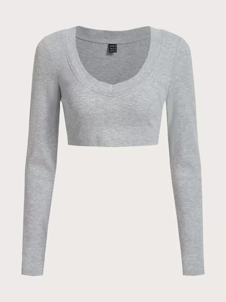 SHEIN EZwear 素色V領螺紋針織短款T恤 - 淺灰色 - 查看 1