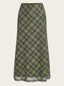 Easelle 网布格子印花高腰长裙 - 綠色 - 查看 4