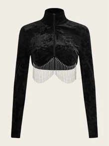 SHEIN ICON Fringe Trim Crop Velvet Jacket - Black - View 1