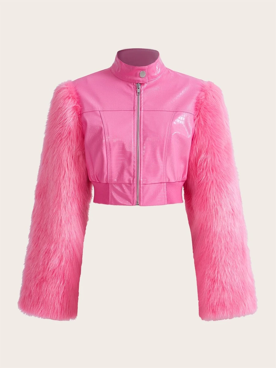SHEIN ICON Fuzzy Sleeve Zip Up PU Leather Jacket - Pink - View 1