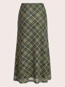 Easelle 网布格子印花高腰长裙 - 綠色 - 查看 3