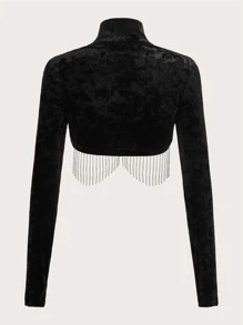 SHEIN ICON Fringe Trim Crop Velvet Jacket - Black - View 2