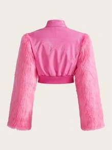SHEIN ICON Fuzzy Sleeve Zip Up PU Leather Jacket - Pink - View 2