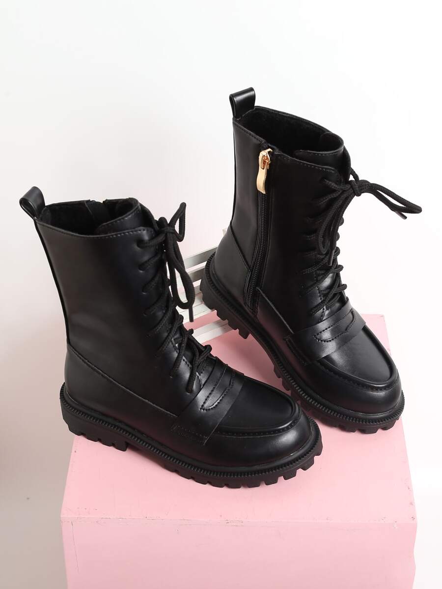 Girls Lace-up Front Zipper Side Combat Boots - Black - View 1