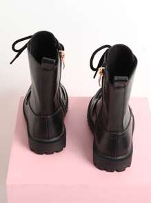 Girls Lace-up Front Zipper Side Combat Boots - Black - View 2