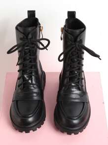 Girls Lace-up Front Zipper Side Combat Boots - Black - View 4