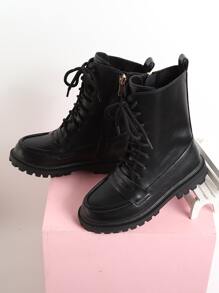 Girls Lace-up Front Zipper Side Combat Boots - Black - View 5