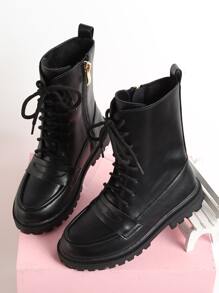 Girls Lace-up Front Zipper Side Combat Boots - Black - View 6