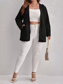 SHEIN LUNE 大碼腰部抽繩連帽外套 - 黑色 - 查看 5