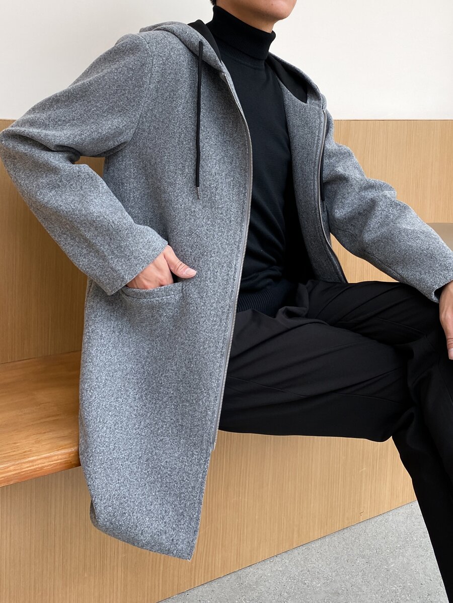 Manfinity Homme Men Dual Pocket Drawstring Hooded Zipper Overcoat - Grey - View 1