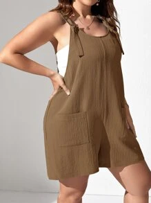 SHEIN Essnce Plus Pocket Patched Romper - Khaki - View 3
