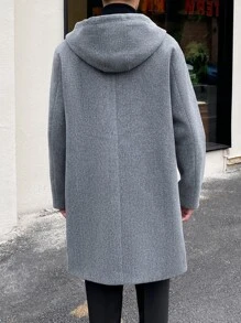 Manfinity Homme Men Dual Pocket Drawstring Hooded Zipper Overcoat - Grey - View 2