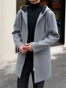 Manfinity Homme Men Dual Pocket Drawstring Hooded Zipper Overcoat - Grey - View 5