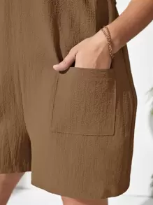 SHEIN Essnce Plus Pocket Patched Romper - Khaki - View 6