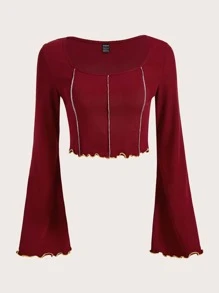 SHEIN EZwear Áo thun nữ Xù nhỏ màu trơn Giải trí - Màu Đỏ Sâu - Xem 1