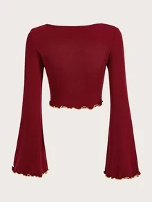 SHEIN EZwear Áo thun nữ Xù nhỏ màu trơn Giải trí - Màu Đỏ Sâu - Xem 2