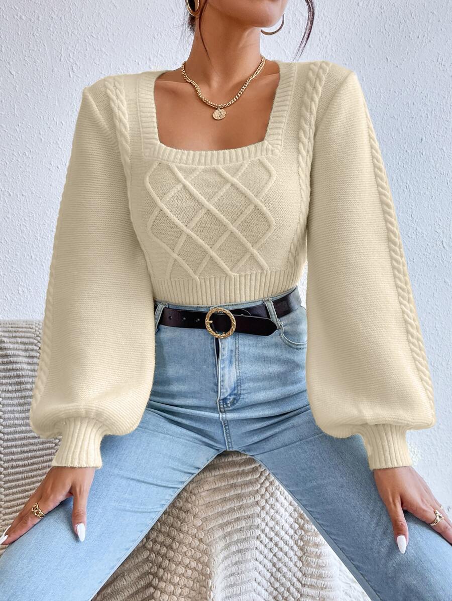 Chiquease Cable Knit Square Neck Lantern Sleeve Jumper - Apricot - View 1